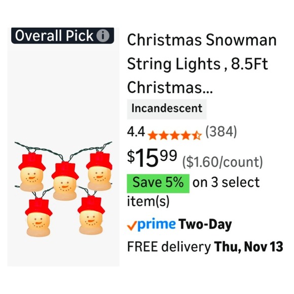 Christmas Snowman String 10 Lights  Indoor‎ Outdoor Holiday Decor - Picture 2 of 6